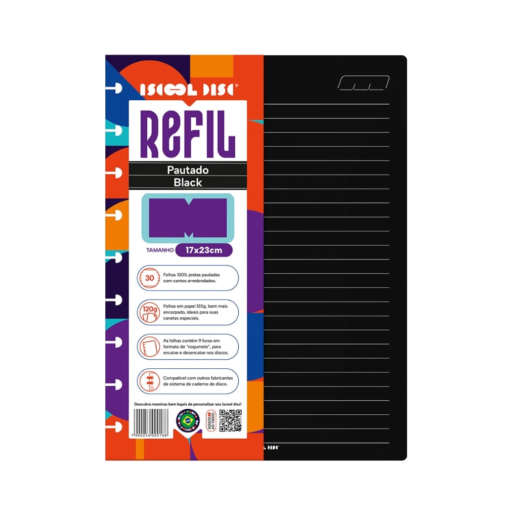 Refil Caderno De Disco Iscool Inteligente Black 30 Folhas 120g Médio