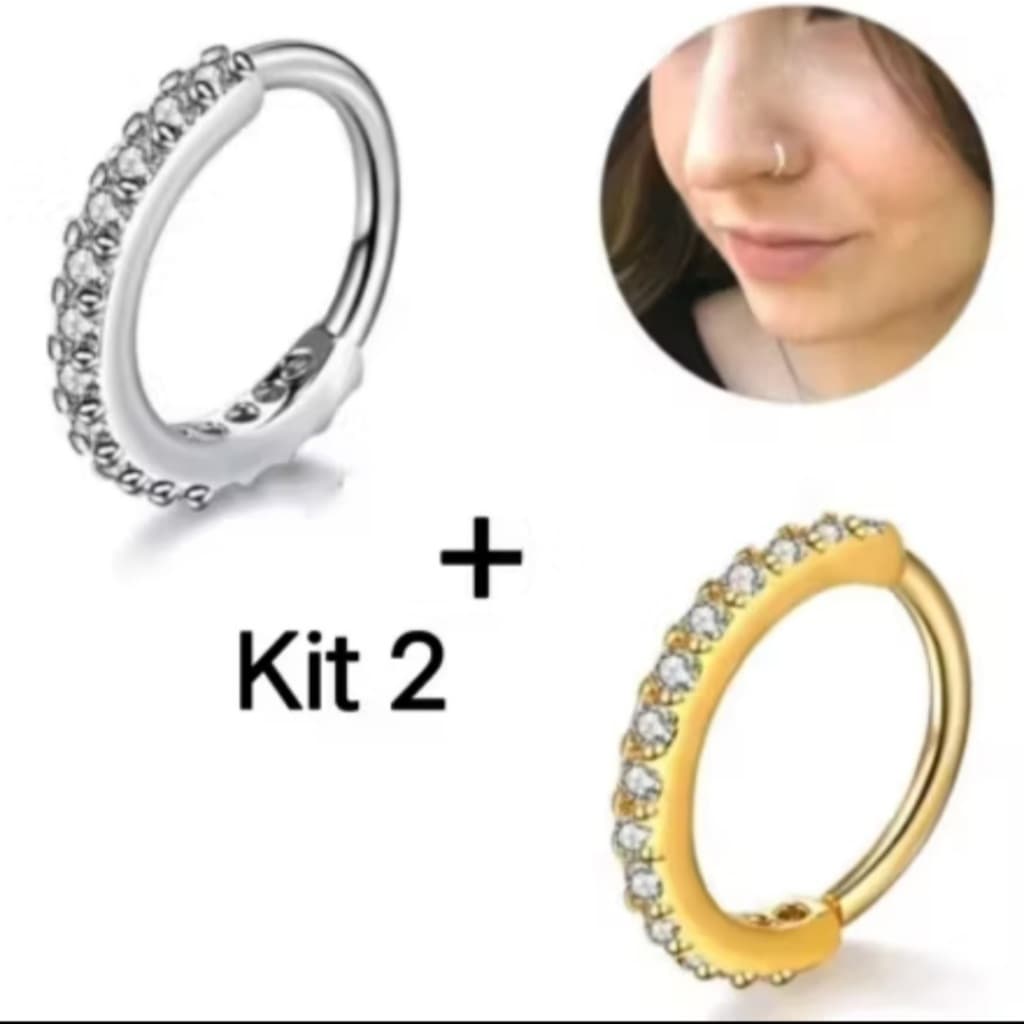 Kit 2 Piercing Argola Nariz Cravejado Strass 6mm/8mm/10mm