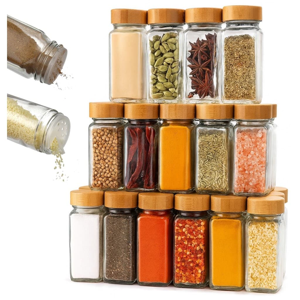 Kit 12 Potes Temperos De Vidro Tampa Bambu Porta Condimentos Sal Pimenta Cozinha Restaurante Bar