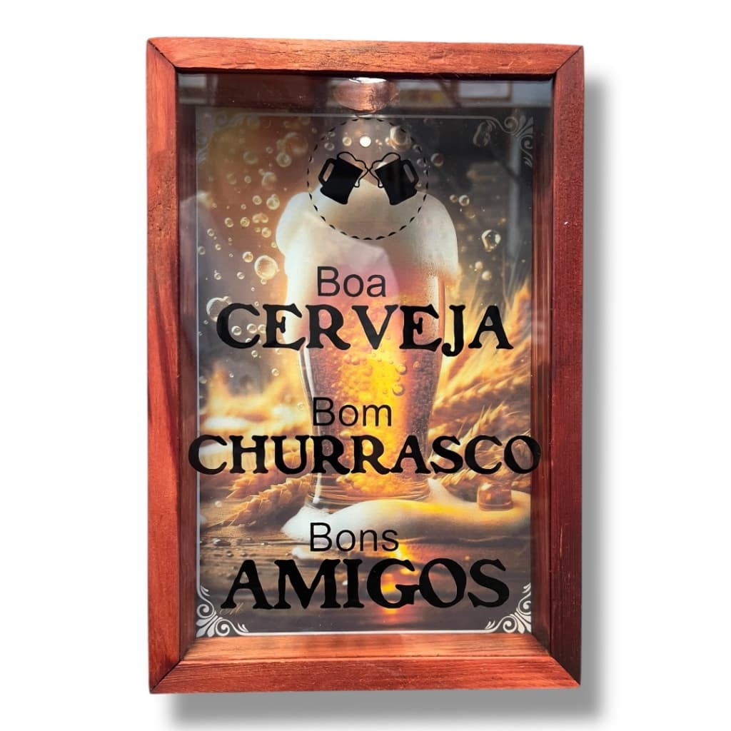 Quadro Cofre Porta Tampinha Cerveja Madeira Bar Vidro Decoração