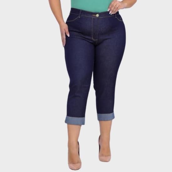 Calça Jeans Feminina Capri Moda Plus Size Com Lycra Cintura Alta Barra Virada
