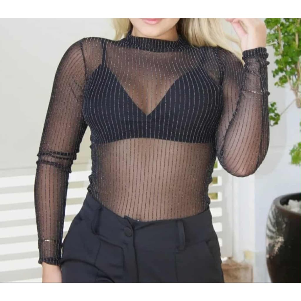Body Manga Longa De Tule Plus Size Feminina