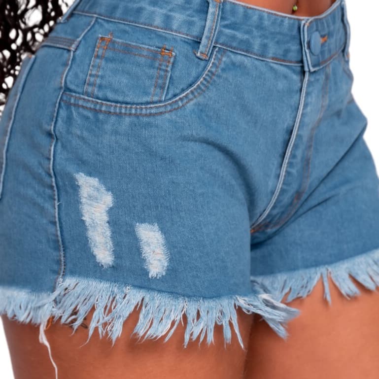 Short Feminino Jeans, Barra Desfiada, 100% Algodão, Loja ROSE