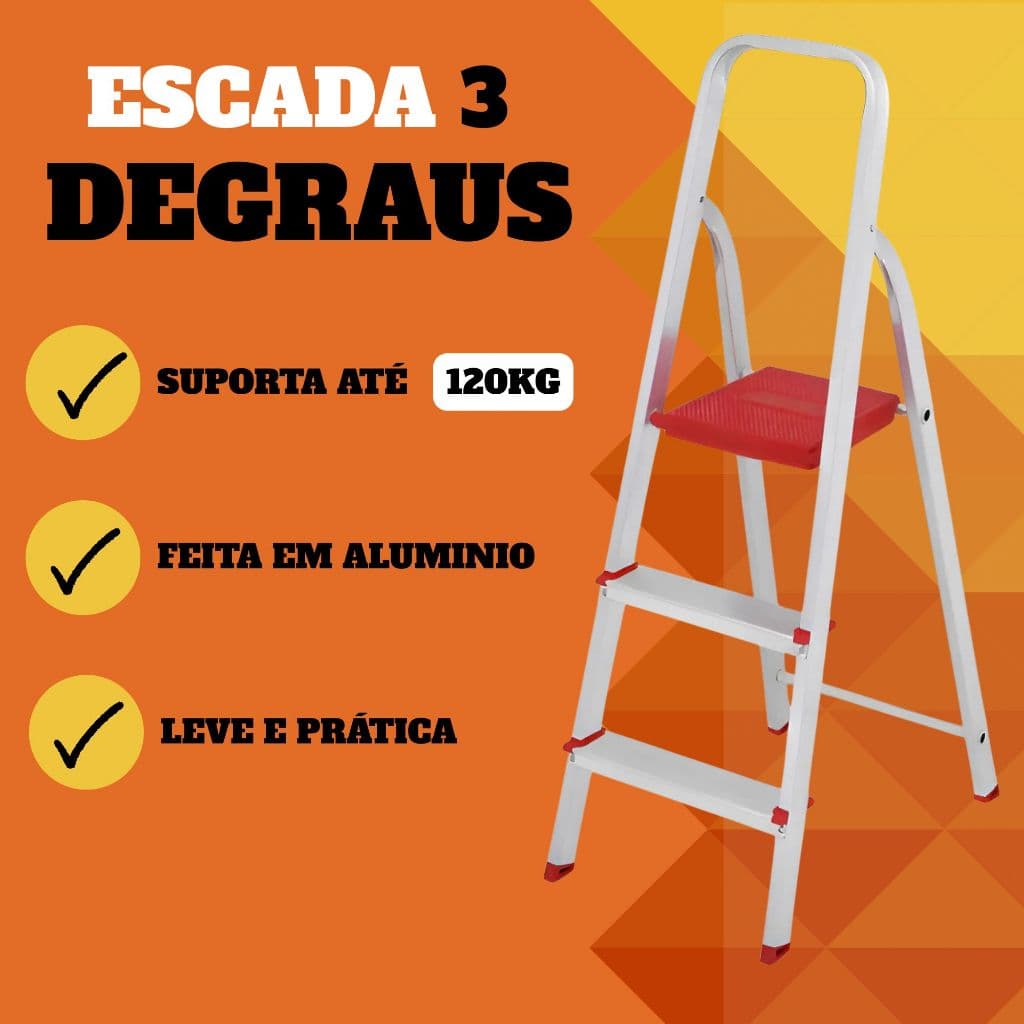 ESCADA ALUMINIO DOBRÁVEL 3 DEGRAUS BOTAFOGO LEVE E RESISTENTE SUPORTA 120KG