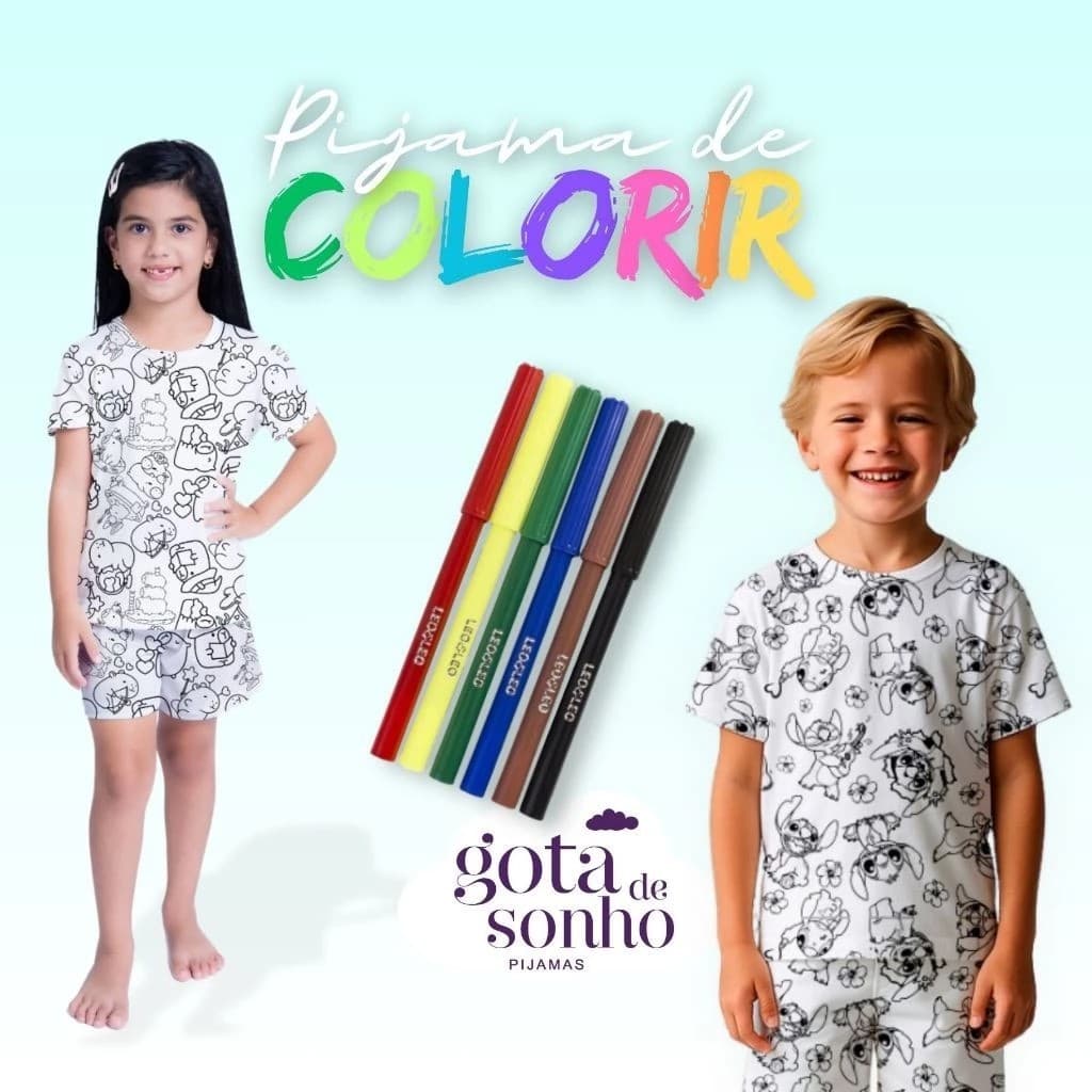 Pijama Infantil Para Colorir Unissex Menino Menina/ Conjunto Shorts e Camiseta Pinte, Lave e Pinte Novamente