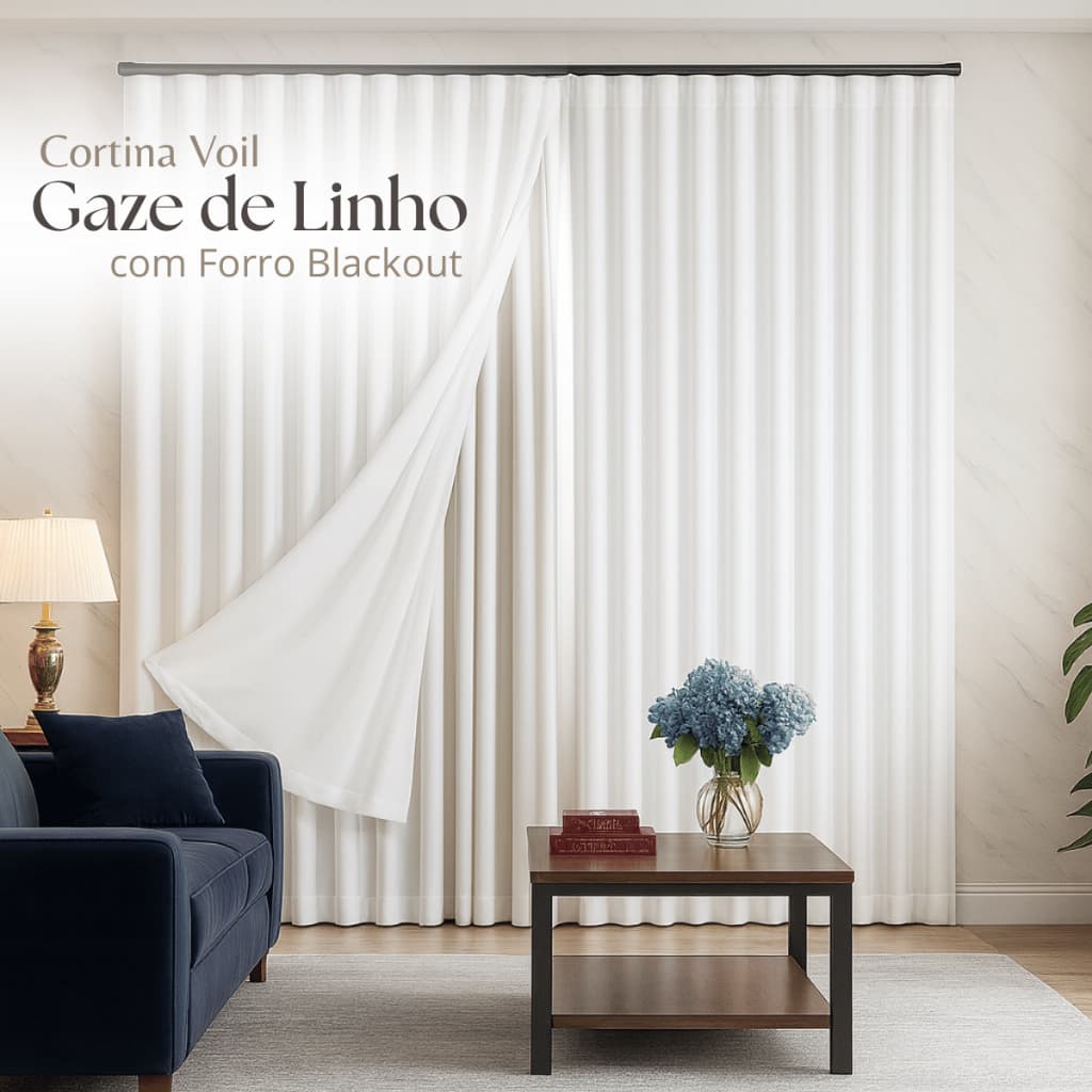 Cortina Voil Linho Sala Quarto 10,00m x 2,30/2,40/2,50/2,60/2,70/2,80 Forro Blackout - Trilho Suíço