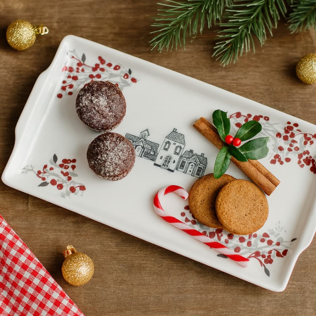 Bandeja de Porcelana Grande Natal Azevinhos Decorada Elegante Mesa Posta Ceia Presente