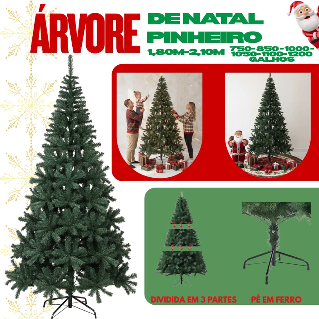 Árvore De Natal 1,80m e 2,10m 750 a 1200 Galhos Pinheiro Verde Luxo Pé Em Metal + 10 PINHAS BRINDE