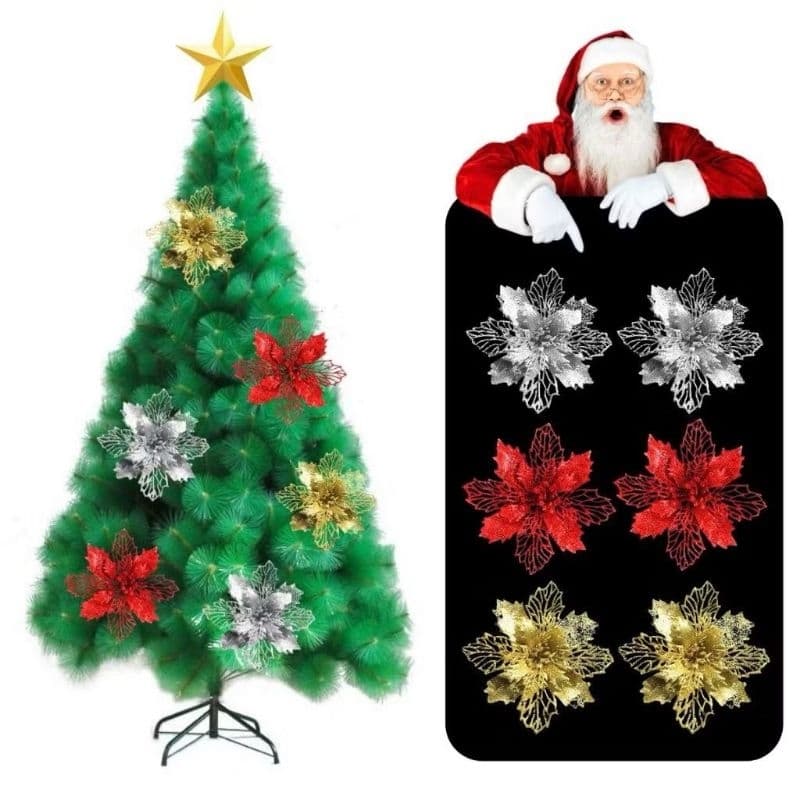 Kit 12  Flores Enfeite Árvore de Natal Natalina Glitter Brilho Artificial Colorida