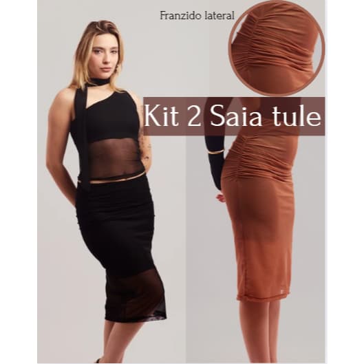 KIT 2 SAIAS MIDI TULE TRANSPARECIA FRANZIDO COM FORRO CINTURA ALTA ELEGANTE CASUAL CHIQUE FESTA