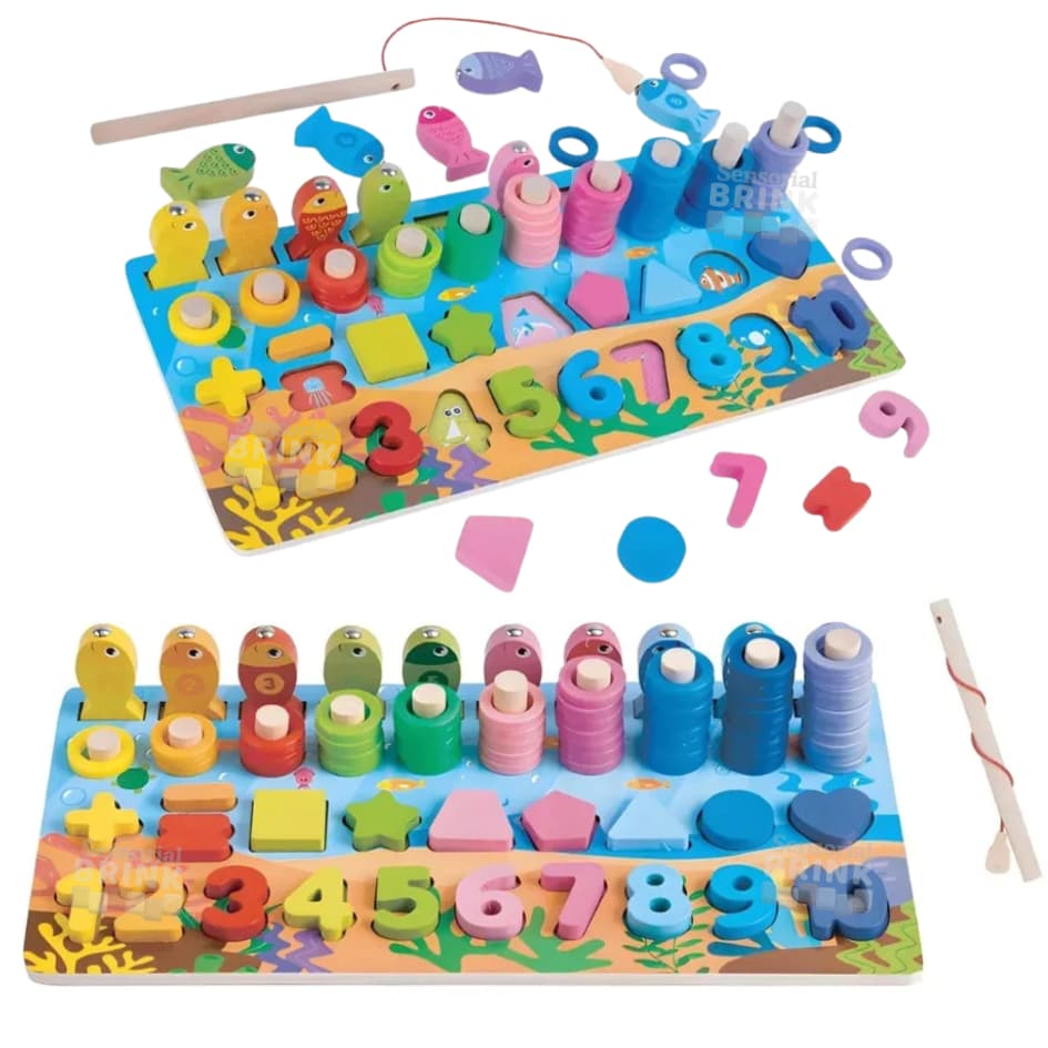 Kit Pescaria e Matemática - Jogo pedagógico de Somar e Brincar - Números Formas e Cores - Brinquedo de Madeira