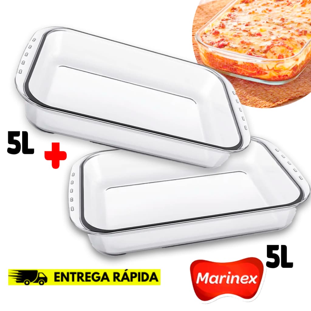Assadeira Marinex 5L Vidro Refratário Retangular Funda | Jogo Lasanha Jantar Elegante Buffet