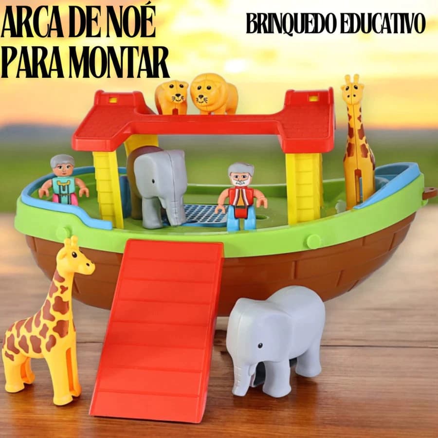 Arca de Noé Brinquedo Didático Infantil Maral com 6 Animais 2 Bonecos 22 Peças Presente Criança