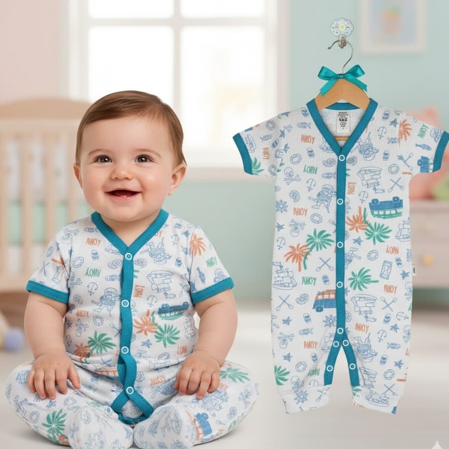 Macacão Aberto Menino Estampa Tropical Marinho -  Baby Duck Comfort - 100% Algodão