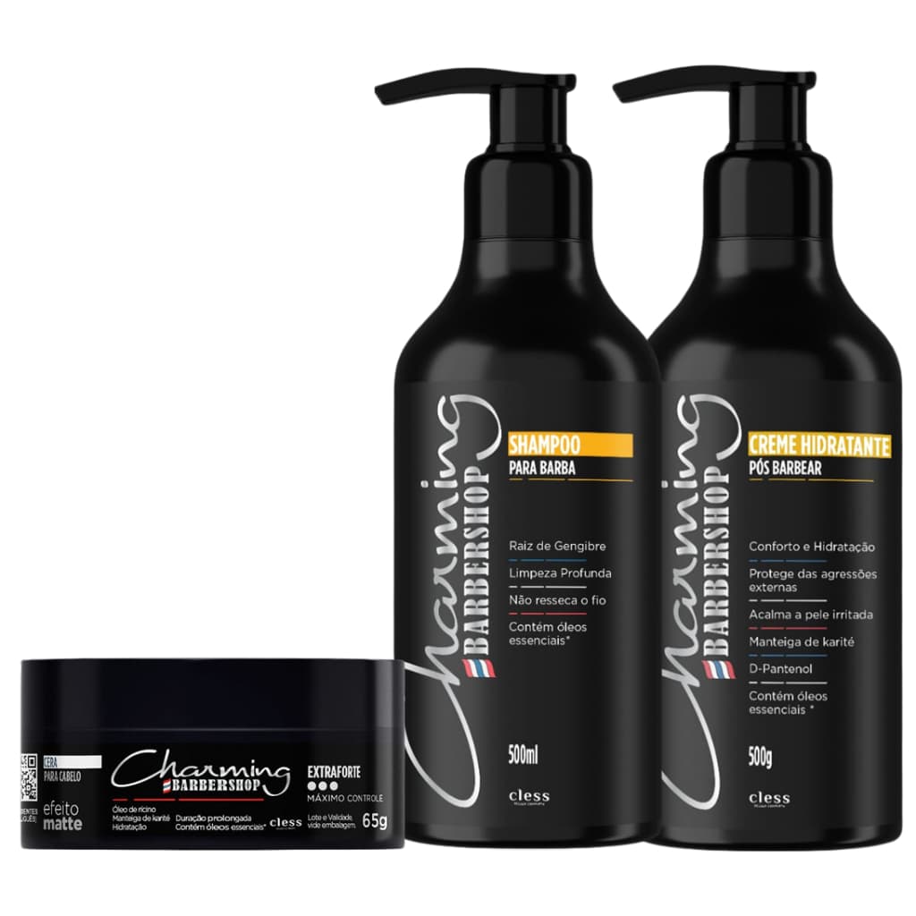 Kit Shampoo E Creme Hidratante Pós Barba + Cera Matte Profissional BarberShop Charming - Cless
