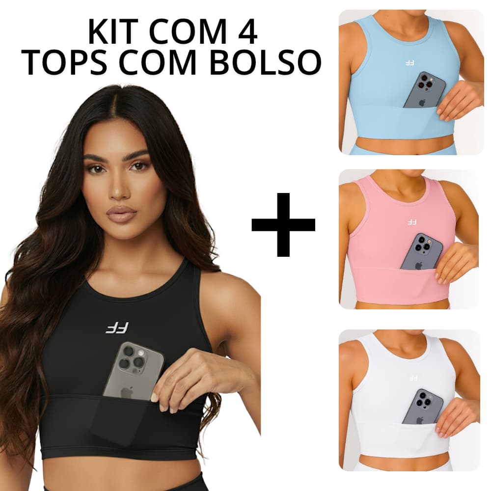 Kit 4 Top Cropped Fitness Com Bolso Feminino Para Corrida e Academia