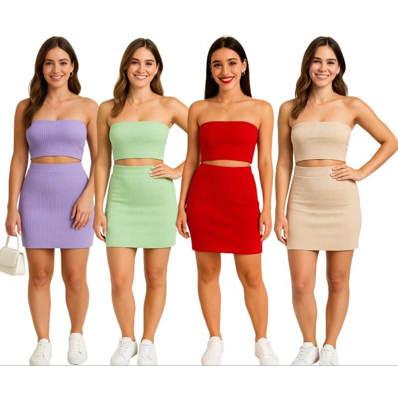 Conjunto Feminino Top Crooped e Saia justa canelado.