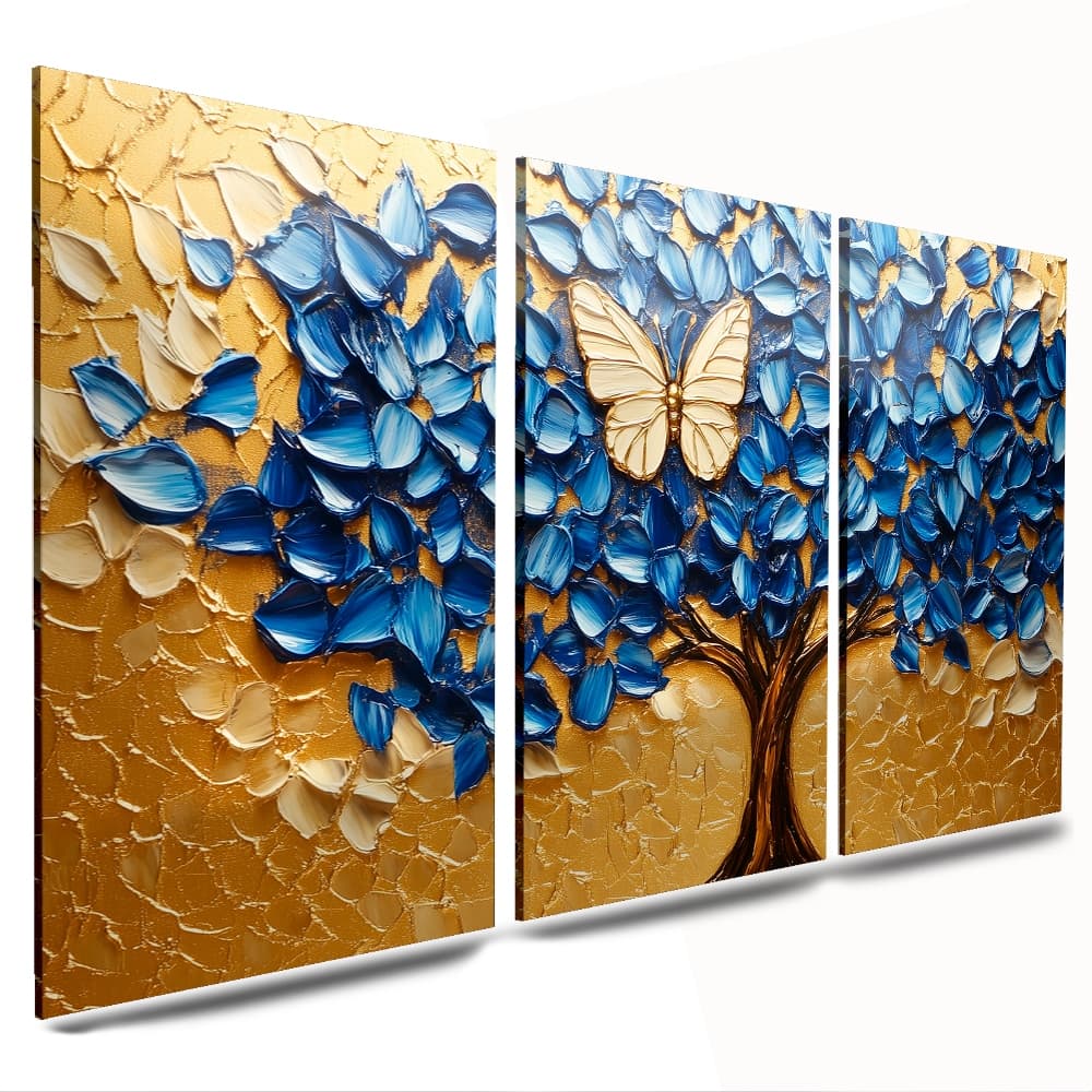 quadros grande para sala cozinha borboleta arvore da vida azul dourado