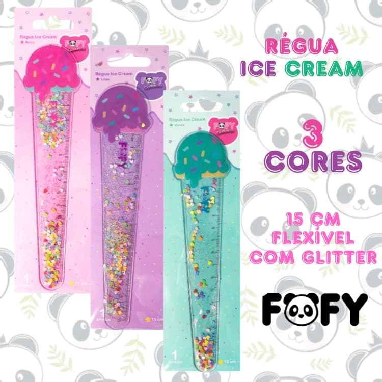 Régua Decorada Flexível 15cm Sorvete Ice Cream com Glitter 3 cores | Fofy