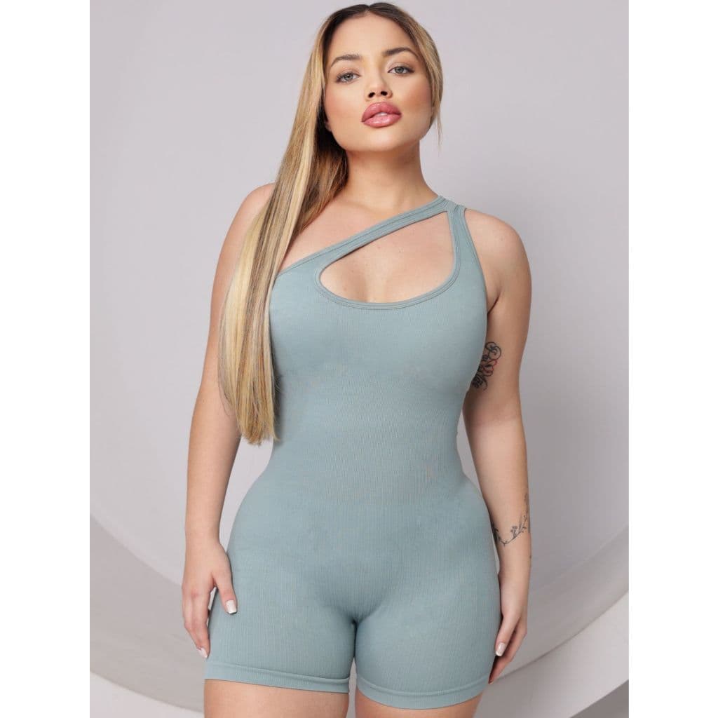 Macaquinho Macacão Curto Fitness Feminino Canelado Top Um Ombro Com Recorte Com Bojo Removível  Modelador Academia