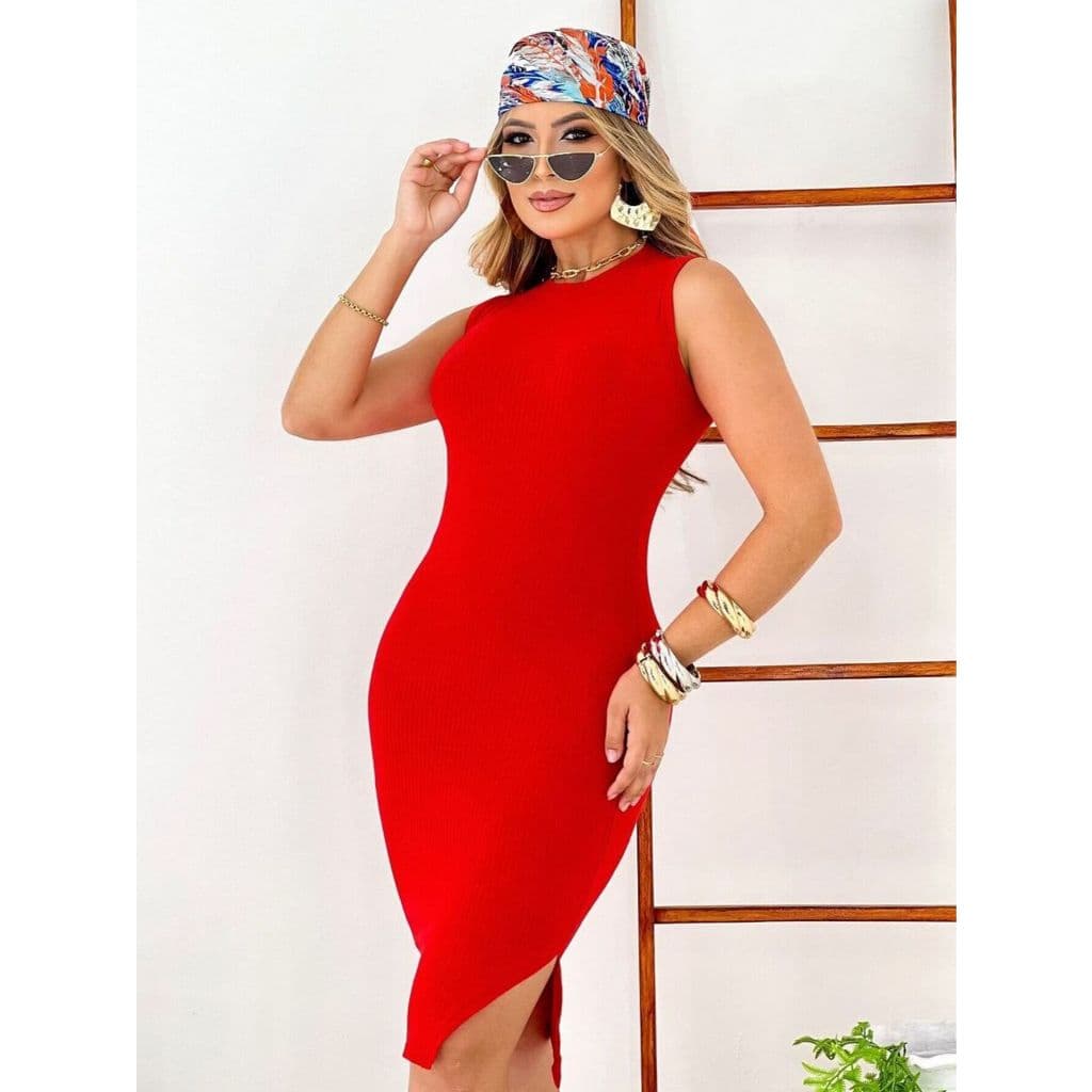 Vestido de Algodão midi, regata, tubinho com fenda lateral, em Canelado Premium, feminino, verão, festa, elegante, malha