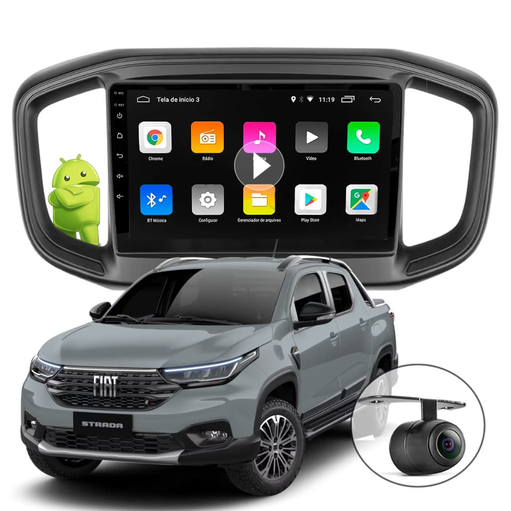 KIT Central Multimídia Android Auto Carplay 9" pol. Fiat Strada Fiorino 2021 2022 2023 2024 2025