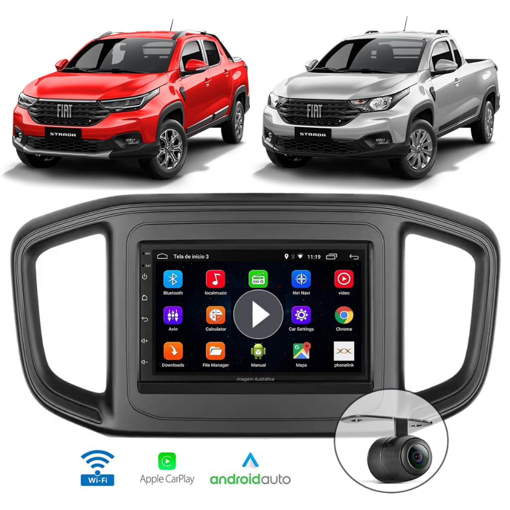 KIT CENTRAL MULTIMÍDIA ANDROID AUTO CARPLAY 7 POL FIAT STRADA FIORINO 2021 2022 2023 2024 2025 2026