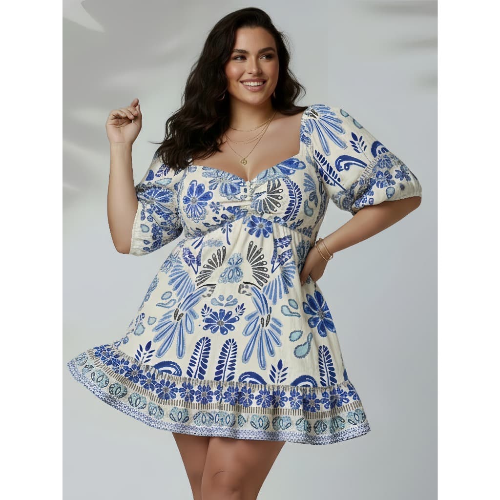 Meimi Amores Vestido Plus Size Curto Estampa Floral Decote Quadrado Elástico Cintura Elegante Casual