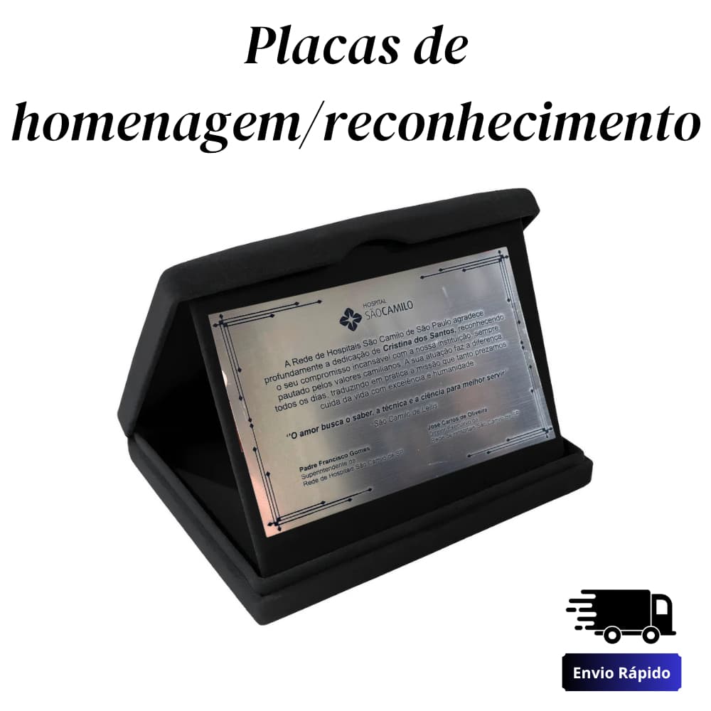 Placa de Homenagem Reconhecimento Personalizada em Acrílico (Imita aço escovado) - Estojo veludo