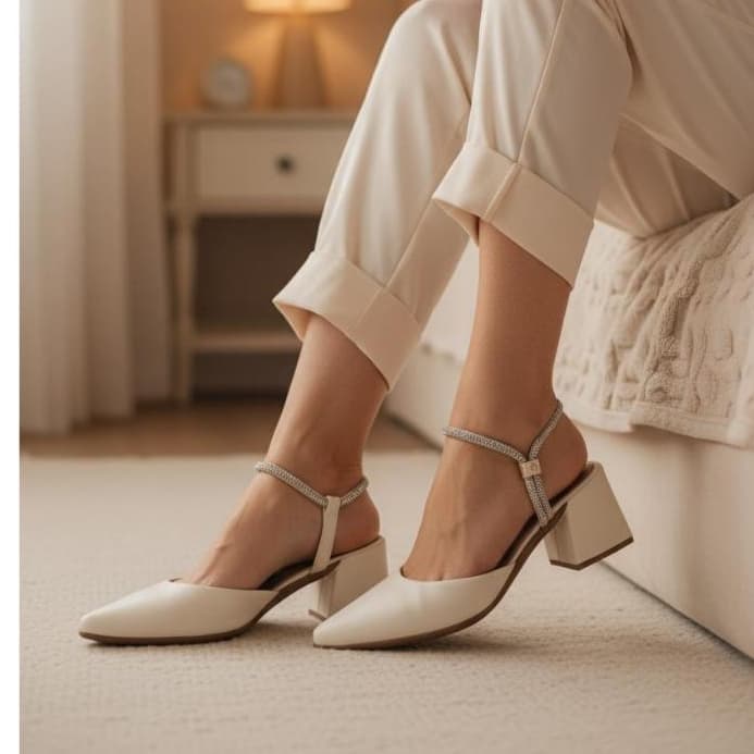 Scarpin Feminino Bellamore Bico Fino Com Salto Grosso Com 6cm e Tira de Strass Preto,Nude,Offwhite