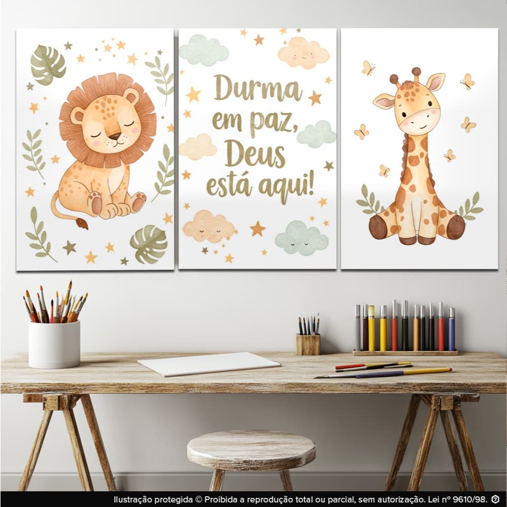 quadros infantil sala quarto animais leão girafa frases durma em paz deus está aqui