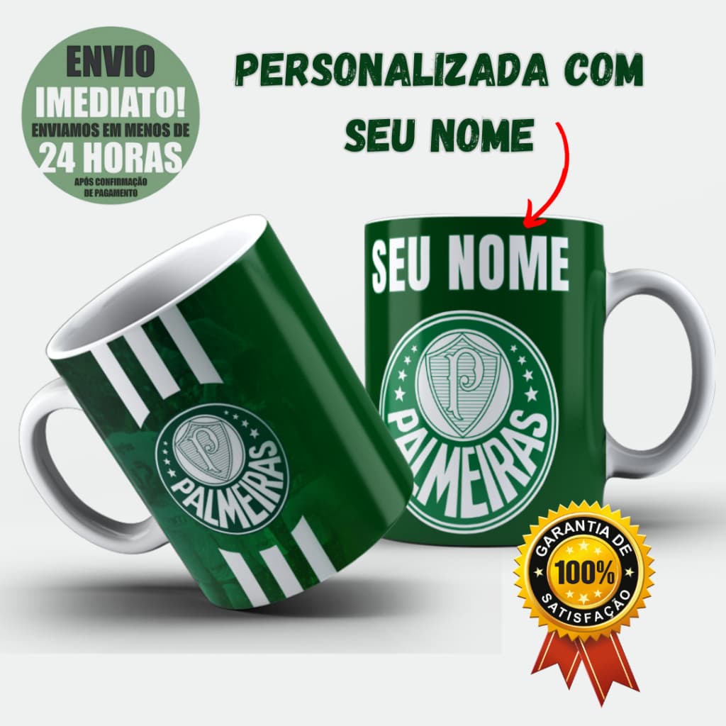 Caneca Xícara Personalizada Palmeiras Verdão COM NOME Porcelana ou Polímero Estampas Exclusivas Envio Rápido