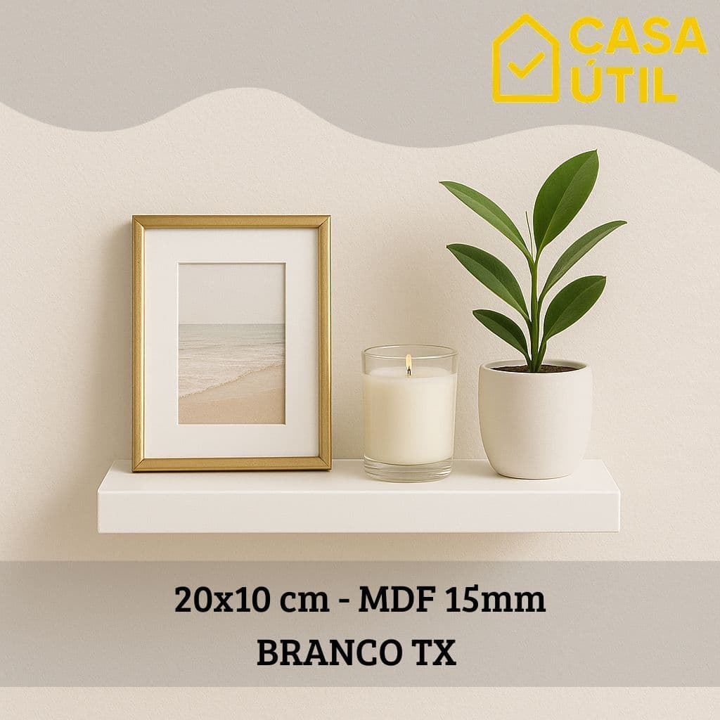 Prateleira 20x10 cm MDF 15mm Branca com Suporte Invisível Reforçado | Sala, Cozinha e Quarto
