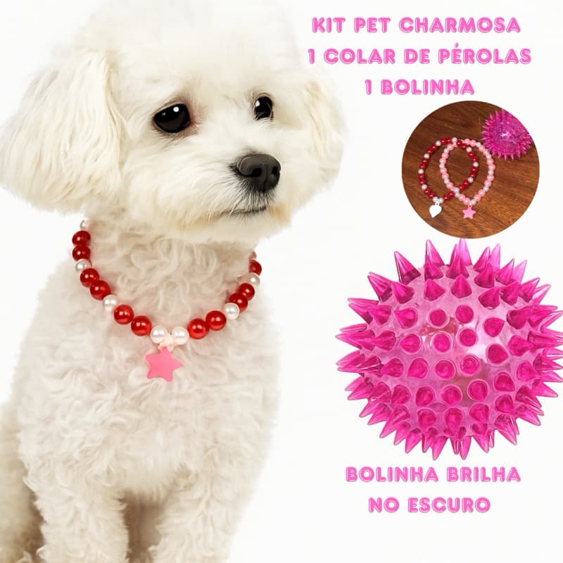 Kit Pet Especial – Colar de Pérolas + Bolinha Divertida ✨ acessórios para pet cachorros gatos.