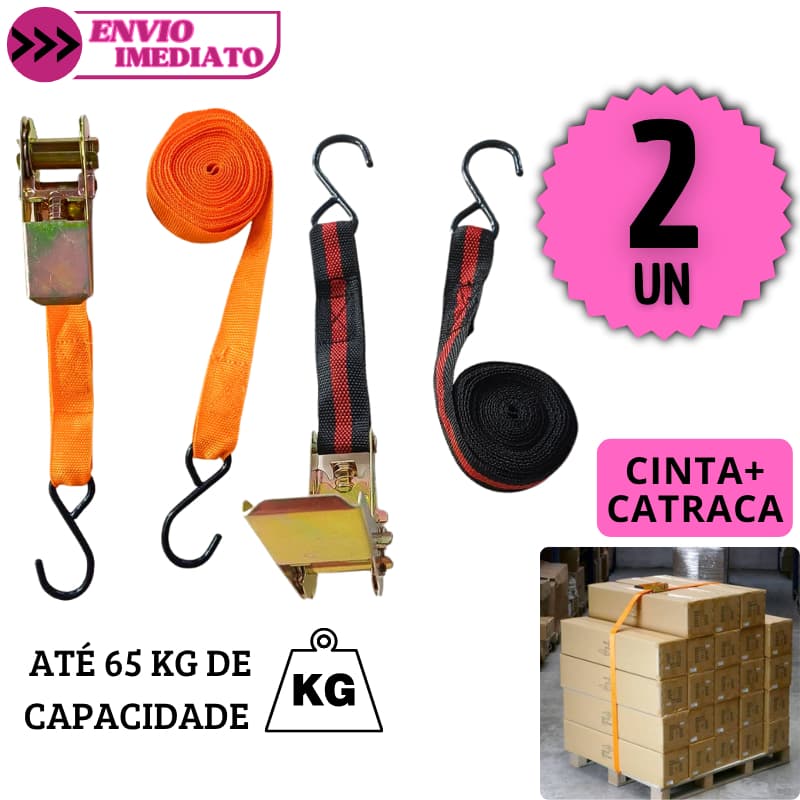 Kit 2 Cinta com Catraca Reforçada 65kg Amarra Carga Moto Carro Frete Bagageiro