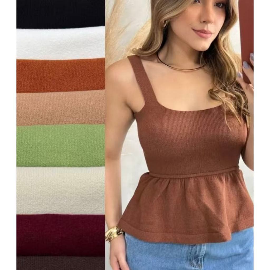 Sissi Regata Feminina em Tricô Modal com Babado Peplum com fio kamaleao