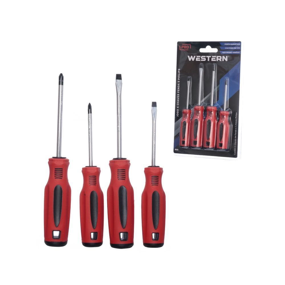 KIT C0MPLETO CHAVE PHILIPS E FENDA JOGO 4 PÇS PONTA IMANTADA WSTERN