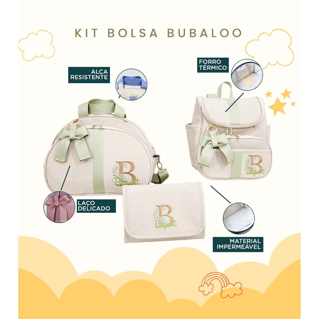 Kit Maternidade 3 Peças Bolsa, Mochila e Trocador Personalizado Térmica Impermeável,Coleção Bubbaloo