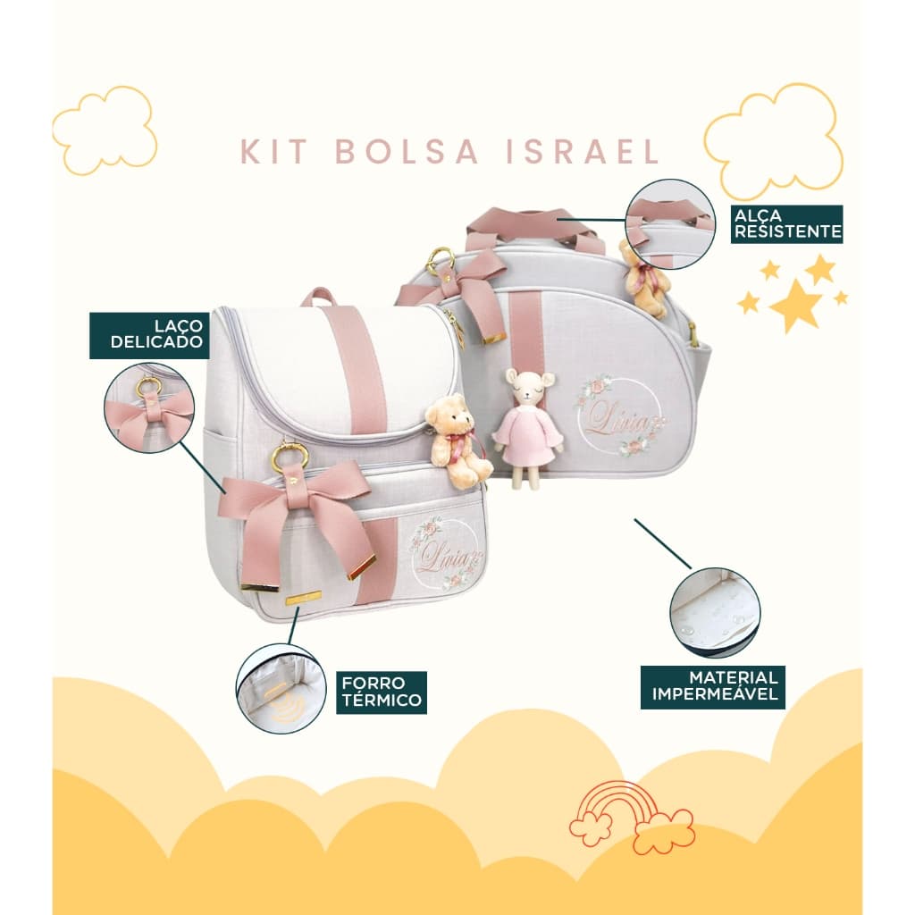 Kit Maternidade 2 Peças Bolsa e Mochila Personalizado Térmica Impermeável, Coleção Israel