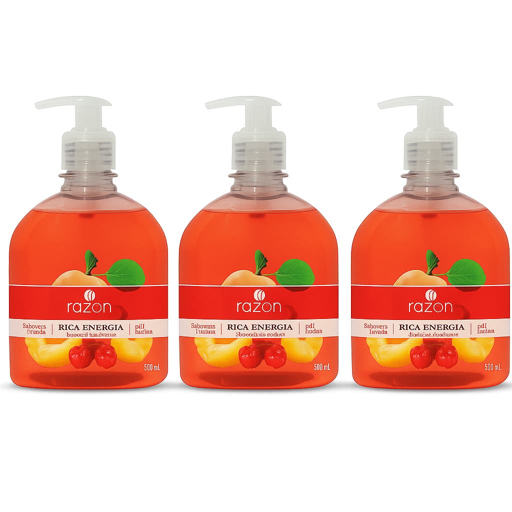 Kit 3 Sabonete Liquido para Mãos e Corpo Rica Energia (Damasco com Pitanga) 500ml - Razon Cosméticos