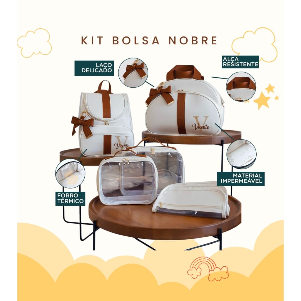 Kit Maternidade 7 Peças Três Bolsas, Mochila e Três Sacos Personalizado Térmica, Coleção Nobre
