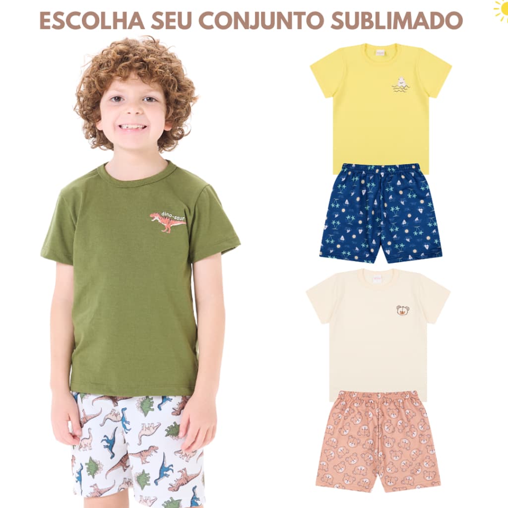 Kit 2 Conjuntos Infantil Menino Verão Camiseta + Bermuda Estampadas 2 ao 8 anos