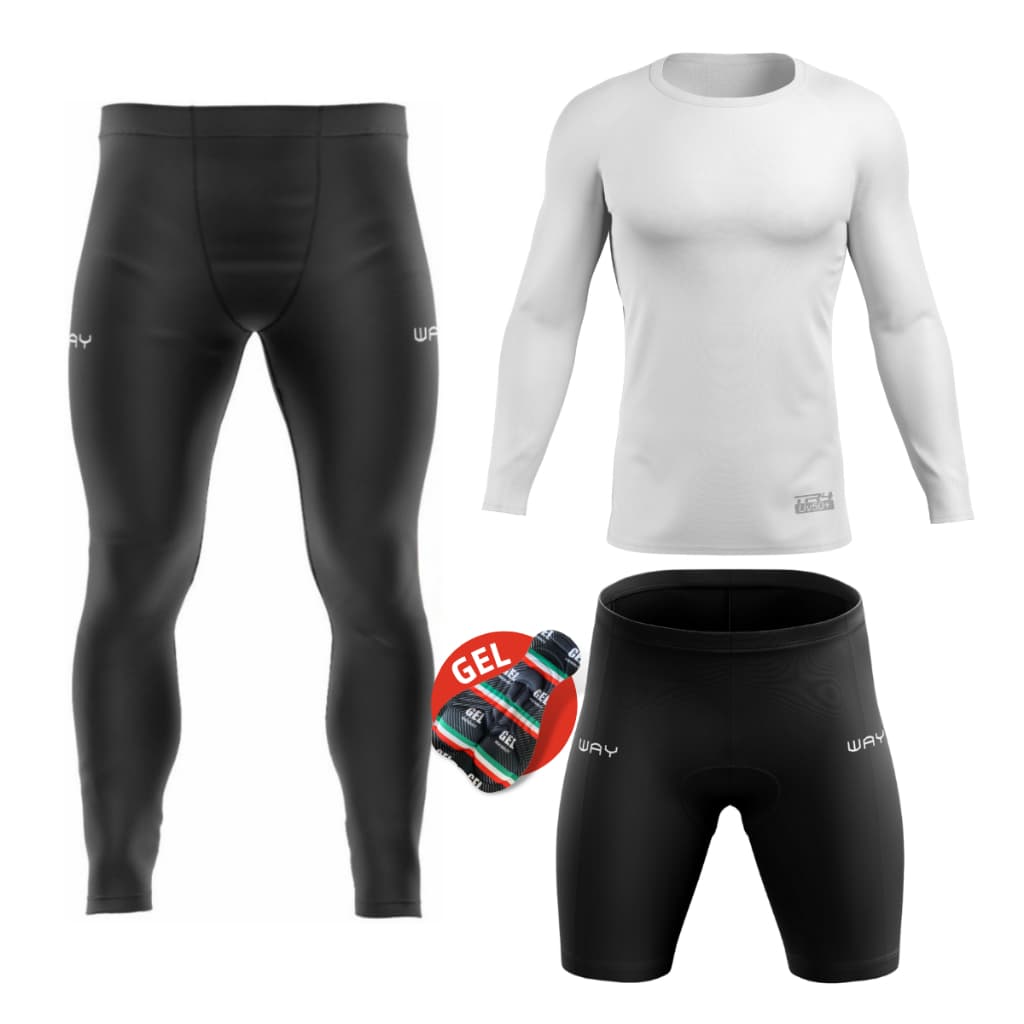 Conjunto Kit Camisa Uv Manga Longa Masculino Calça Bermuda Forro Gel Acolchoado Ciclismo Esporte