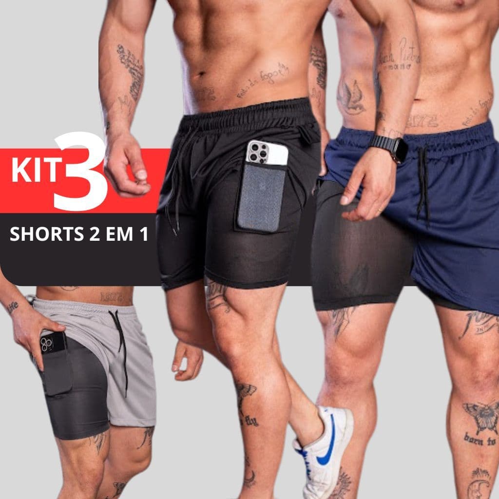 kit 3 Bermudas 2 em 1 Masculinas | Alta Performance e Conforto nos Treinos