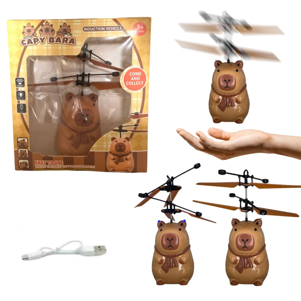 Capivara voadora brinquedo helicóptero infantil com sensor de movimento e recarga usb divertido
