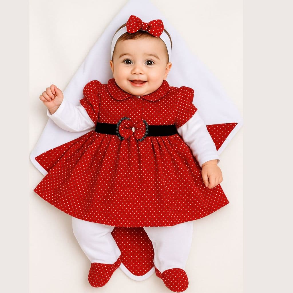 Kit Saída Maternidade Luxo Menina Poá Vermelho 5 Peças Conjunto Enxoval Completo 100% Algodão