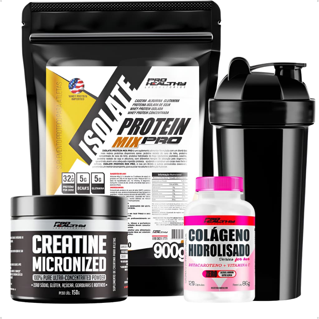 Kit Whey Isolado + Creatina Micronizada + Colágeno em Pó + Coqueteleira Pro Healthy