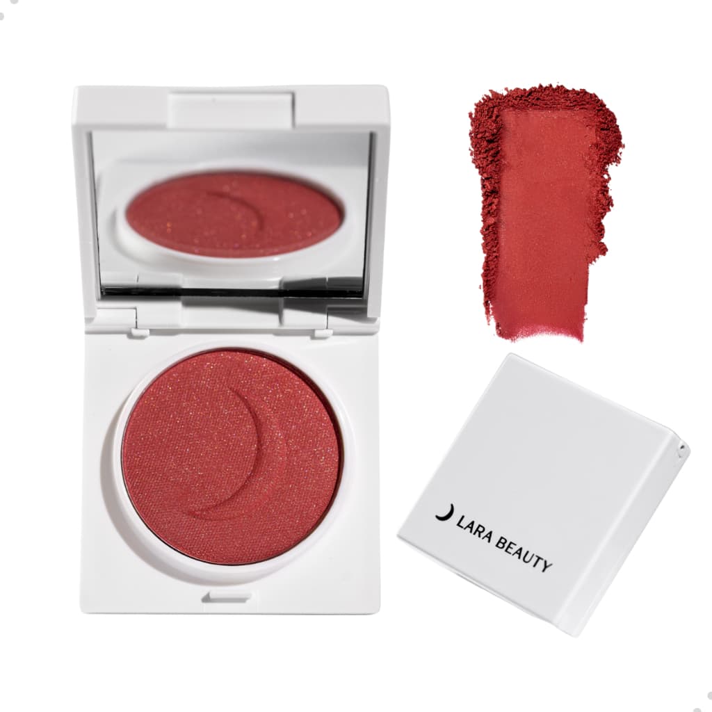 Blush Compacto Em Pó Cor Ruby Tom Vermelho Rosado Cintilante Acabamento Iluminado Textura Aveludada