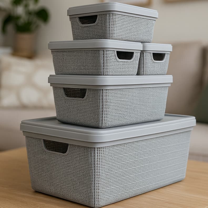 Kit 5 Caixas Organizadoras com Tampa Cesto Multiuso Grande em Plástico Resistente 1,8 L 5 L 15 L