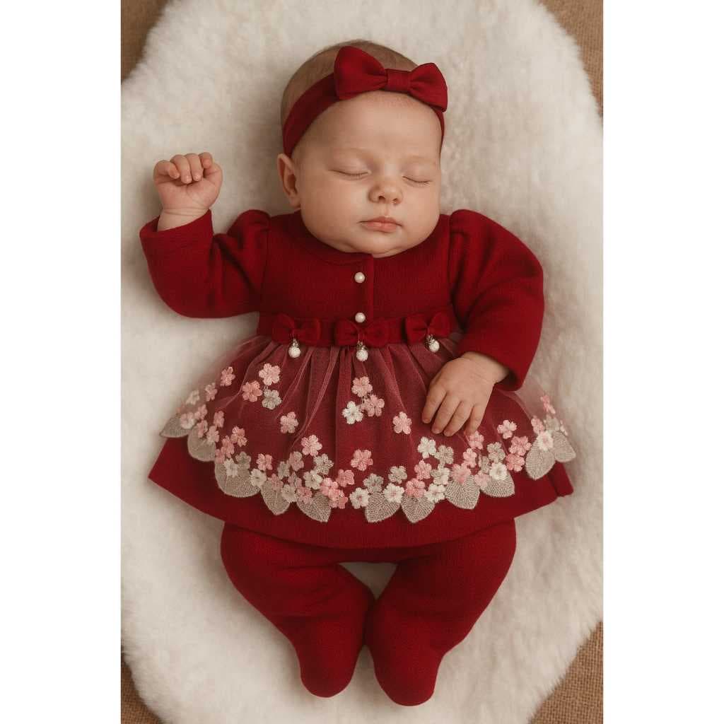 Saída de Maternidade Menina em Tricô Vestido Luxo Conjunto Recém Nascido 3 PEÇAS VESTIDO CALCA MANTA